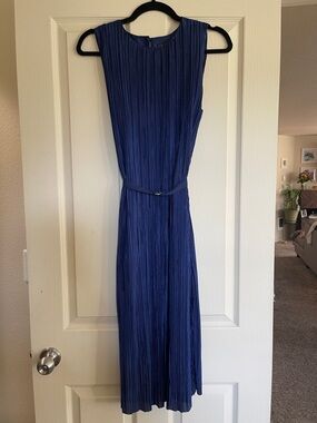 Sam Edelman Sleeveless Pleated Royal Blue Midi Dress with Slim Belt